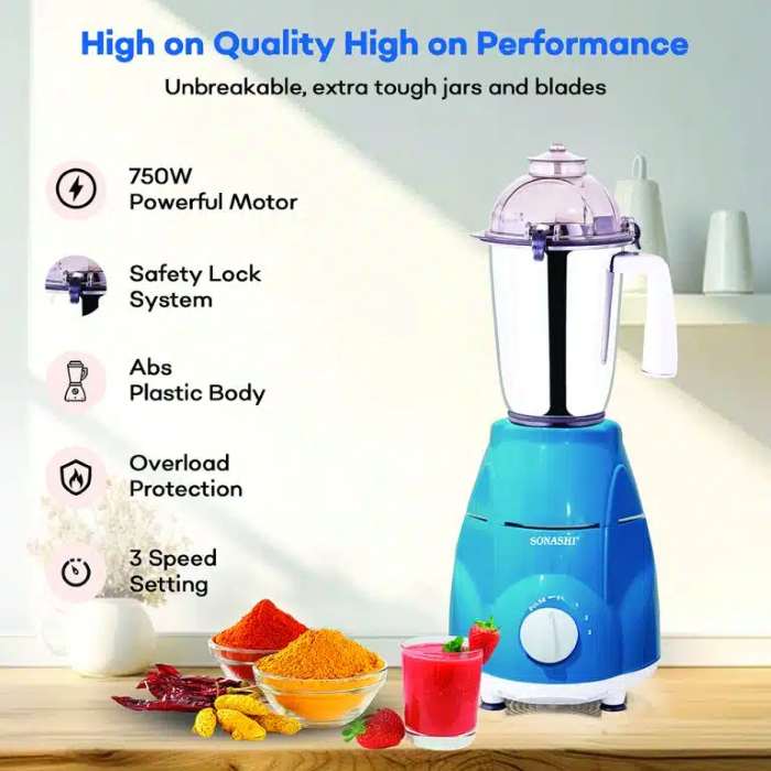 Sonashi 3 In 1 Mixer Grinder 3 Speeds With Pulse Switch Unbreakable Polycarbonate Jar Lids - SB-151SS (BLUE)