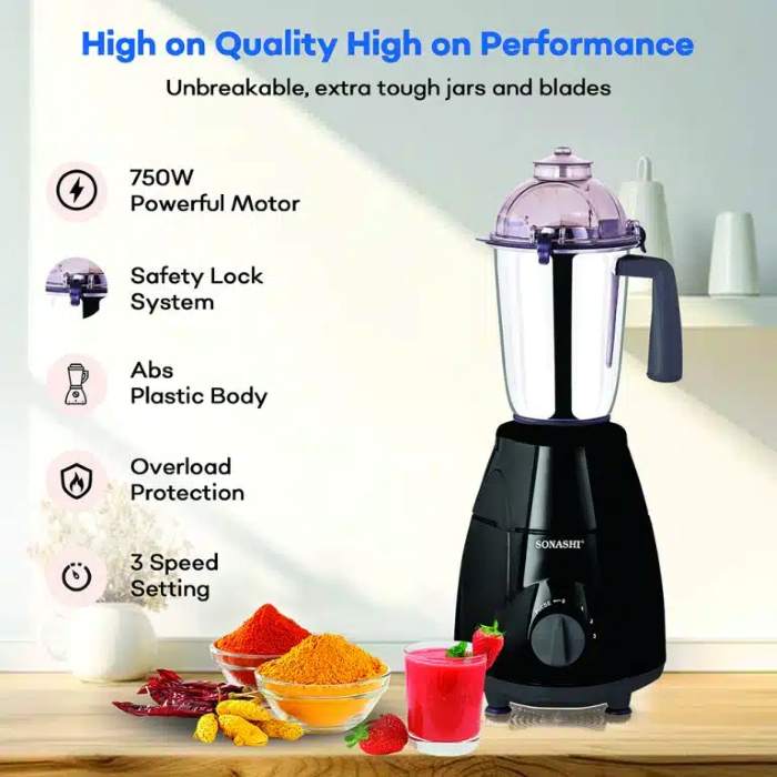 Sonashi 3 In 1 Mixer Grinder 3 Speeds With Pulse Switch Unbreakable Polycarbonate Jar Lids 1 -  SB-151SS (BLACK)