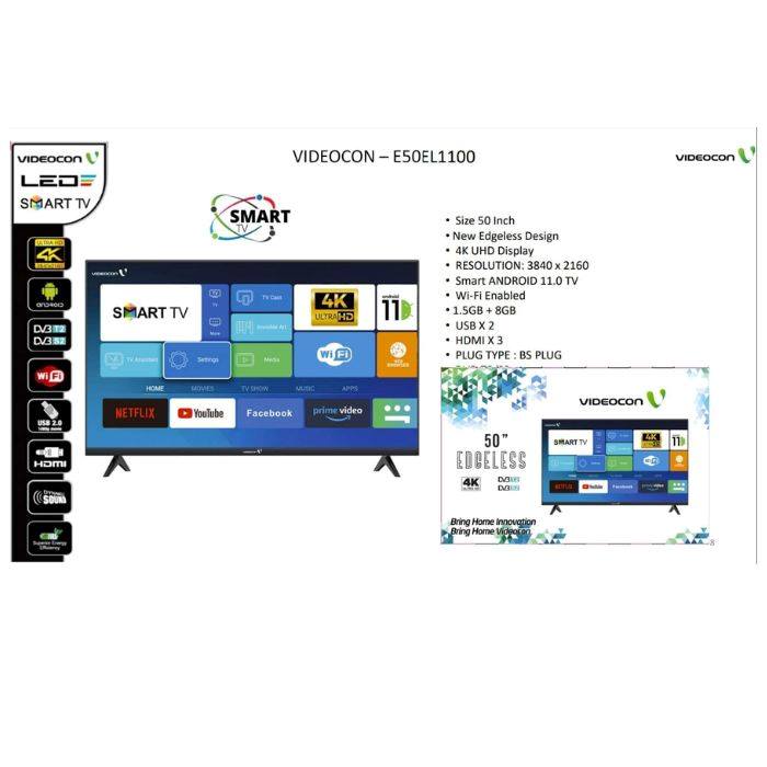 Videocon 50 Inch Smart TV 4K UHD Android 11 Google Play, Netflix, YouTube, Shahid, Built in Bluetooth & WiFi Black Model - AAEE50EL1100D1