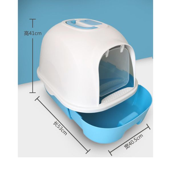 Cozy Paws Semi-automatic Hooded Cat Litter Box With Handle Detachable Flip Cat Litter Boxes - 53X41X41cm – Blue
