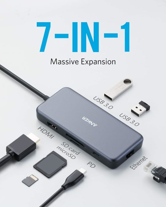 Anker 7 In 1 PowerExpand+ USB-C Hub Adapter For MacBook Pro, Chromebook, 60W PD Pass-Through Charging, XPS Grey - AN.A8352HA1.GY