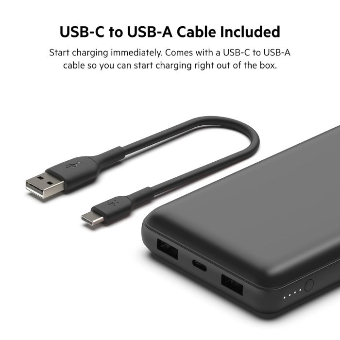 Belkin USB C Portable Charger 20000 mAh, 20K Power Bank with USB Type C Input Output Port & 2 USB A Ports with Included USB C To A Cable For iPhone, Galaxy & More Black (UAE Delivery Only)