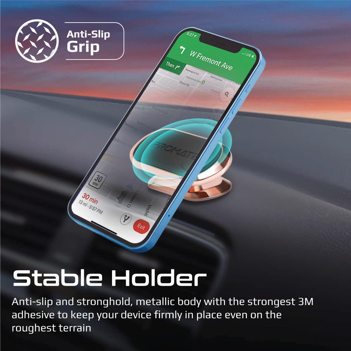 Promate Magnetic Car Phone Holder, Universal Cradleless Stick-On Dashboard Mount with 360-Degree Rotation, MAGNETTO-3.ROSEGOLD