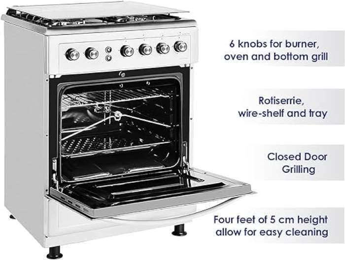 Super General  60 x 60 x 85 cm Freestanding Gas Cooker, 4 Burner Full Safety, Stainless Steel Cooker, Gas Oven With Rotisserie, Automatic Ignition, Silver turkey - SGC6470MSFS