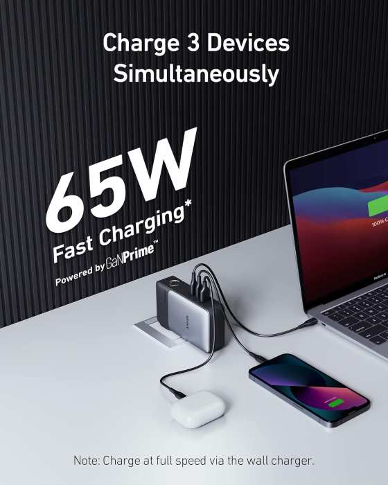 Anker 733 Power Bank GaNPrime PowerCore 65W 2-in-1 Hybrid Charger, 10000mAh USB-C Portable Charger with 65W Wall Charger, Works for iPhone 13 - Anker 733