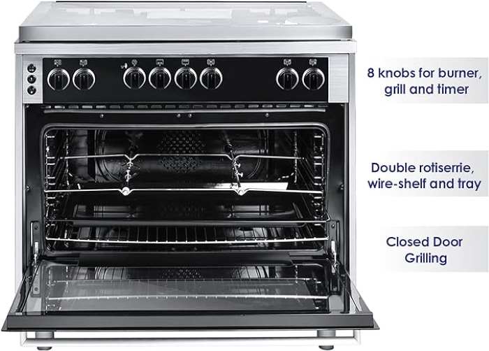 Super General Freestanding Gas Cooker, 5 Burner Full Safety, Steel Cooker, Gas Oven With Thermostat, Rotisserie, Automatic Ignition, Silver - SGC916FSBGOF