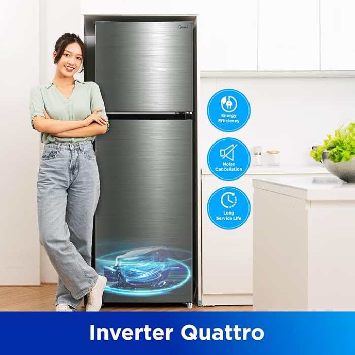 Midea 395L Gross Double Door Refrigerator With Multi-Air Flow Technology, Equipped With Smart Sensor, Inverter Quattro, Active-C Fresh Technology & Smart Cooling, Silver - MDRT395MTE46AE