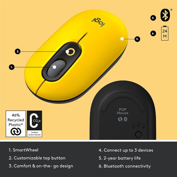 Logitech Pop Mouse, Wireless Mouse With Customizable Emojis Yellow
