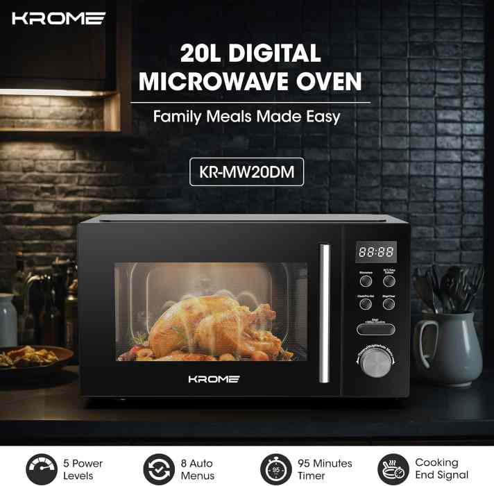 Krome Microwave Oven, 20L Capacity, 700W Output, 5 Power Levels, 95-Minute Timer, Cooking End Signal, Grey Painted Cavity, Black