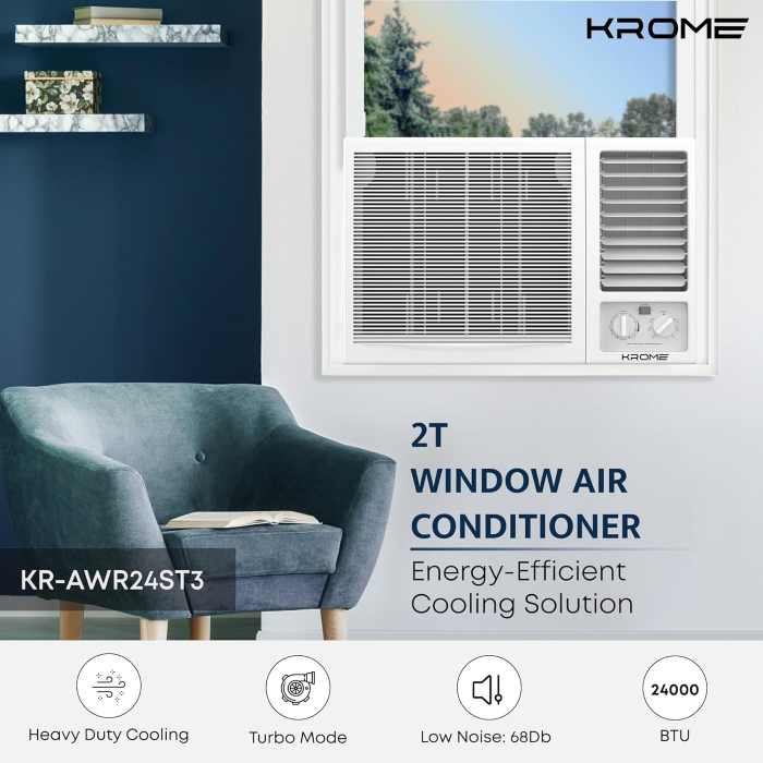 Krome 2 Ton Window Air Conditioner, 24000 BTU, R410a Gas, Rotary compressor, Energy Efficient, Turbo mode - White- KR-AWR24ST3