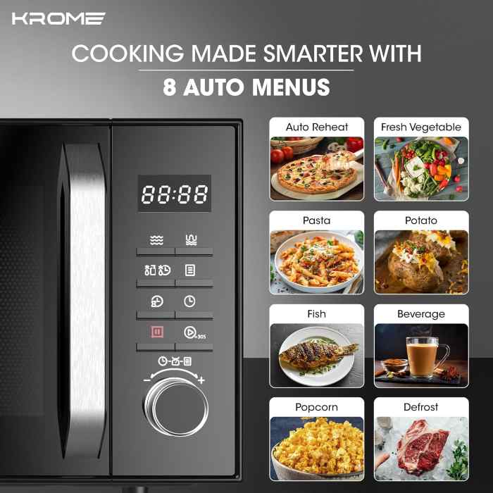 Krome Microwave Oven, 25L Capacity, Digital Control, 900W Output, 5 Power Levels, 95-Minute Timer, 8 Auto Menus, Child Safety Lock, Grey Painted Cavity, Black