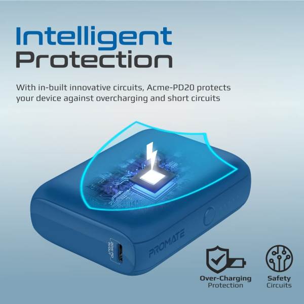 Promate USB-C Power Bank, World’s Smallest 10000mAh Portable Charger with 20W USB-C Power Delivery Input/Output Port - Acme-PD20.Blue (UAE Delivery Only)