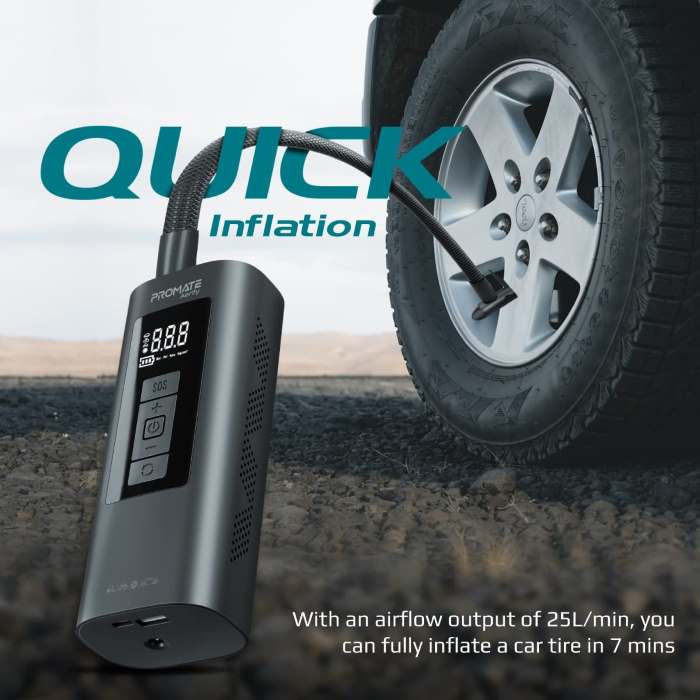 Promate Portable Air Compressor, 4-in-1 Compact Electric Air Pump With 6000 mAh Power Bank, 150PSI, LED Light, SOS Function, Safety Hammer and Built-In TPMS For Car Tires, USB Powered Smartphones - AERIFY (UAE Delivery Only)