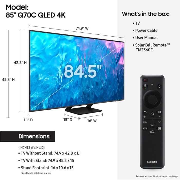 Samsung 85-Inch Class QLED 4K Q70C Series Quantum HDR, Dual LED, Object Tracking Sound Lite, Q-Symphony, Motion Xcelerator Turbo+, Gaming Hub, Smart TV With Alexa Built-In 85Q70C - Black
