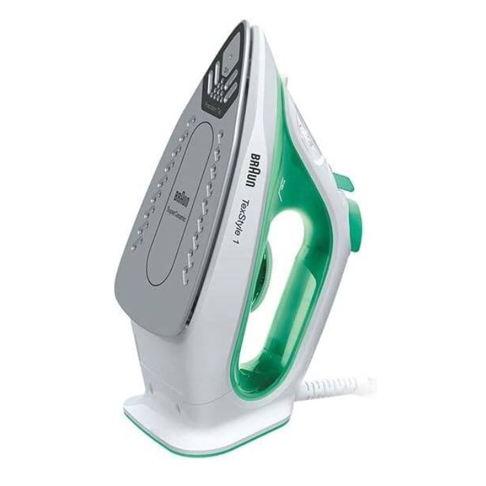 Braun TexStyle 1 Steam Iron, Super Ceramic Soleplate, Light & Quick Ironing, Rapid Heat, Auto-Off, Anti-Drip, Precision Tip, 2000 Watts, Self-Clean, Energy Saving - SI 1040 Green/White
