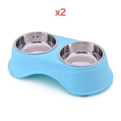 Pets Club Double Dining Pet Feedrer With Stainless Steel Bowl & Non Slip Rubber Bottom Blue - 36.5X19X9Cm (Pack of 2)