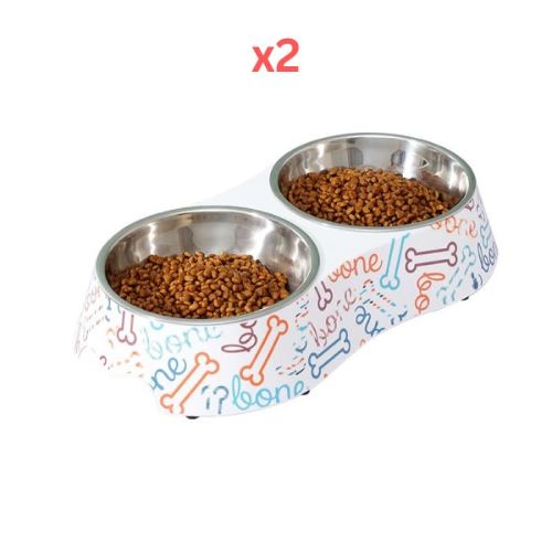 Cozy Paws Double Melamine Bowl White Bones - 28.5X13.5X6Cm (Pack of 2)