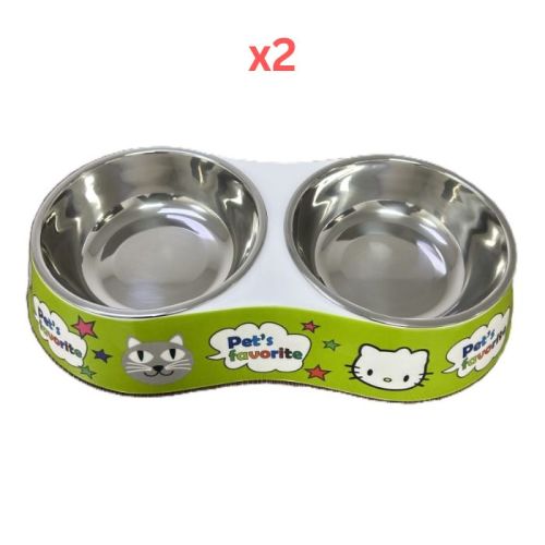 Cozy Paws Double Melamine Bowl Green Cat - 28.5X13.5X6Cm (Pack of 2)