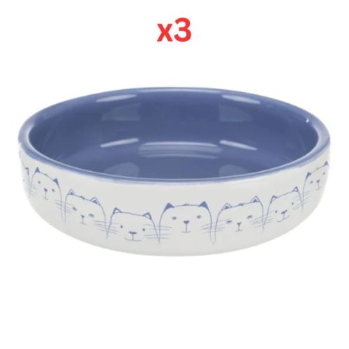 Trixie Ceramic Blue & Cream Cat Bowl for Short-Nosed Breeds Blue 300ml (Pack of 3)