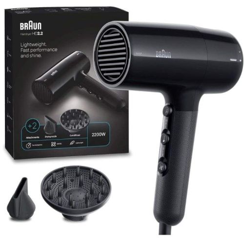 Braun Hairdryer HD2.2 Hair Dryer, 2200 W, +2 Attachments & Ion Black - BRHD225SDE