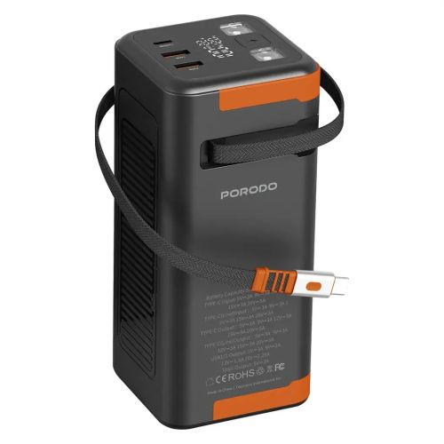 Porodo Power Boost, 50000mAh Power Bank with Retractable Type-C Cable- Black