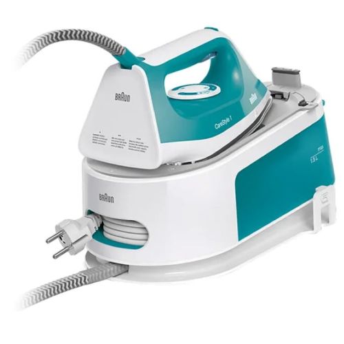 Braun CareStyle 1 Steam generator Iron, 2200 Watts,  Super Ceramic Soleplate, Thermostat Knob, 6 Bar Pressure, 2-In-1 Integrated Tray, Double Steam, Vertical Steam, Excelent CalClean - IS 1013 White/Turquoise