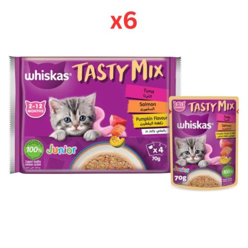 Whiskas Kitten Tasty Mix Tuna & Salmon in Jelly Wet Cat Food 4X70G (Pack of 6)