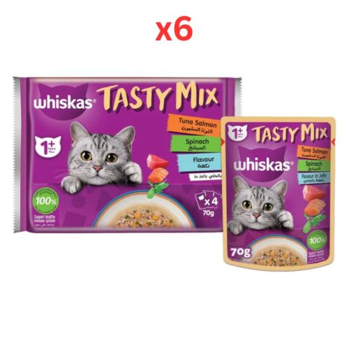 Whiskas Tasty Mix Tuna, Salmon & Spinach in Jelly Wet Cat Food 4X70G (Pack of 6)