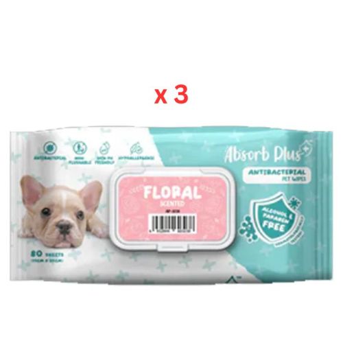 Absorb Plus Anti Bacterial Pet Wipes Floral Scented 80pcs (Pack Of 3)