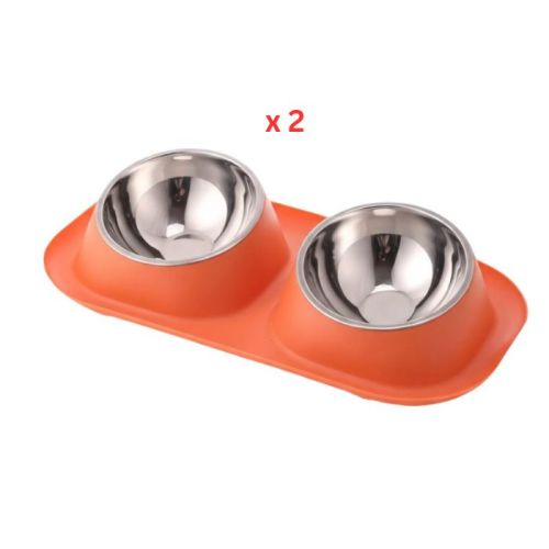 Cozy Paws Elevated Dual Pet Bowl with Stainless Steel Bowl, 40×22×9cm, Orange, Pack Of 2