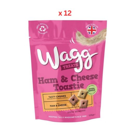 Wagg Ham & Cheese Toastie Tasty Chunks Oven Baked Dog Treats 125g Pack Of 12