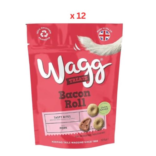 Wagg Bacon Roll Pork Tasty Bites Oven Baked Dog Treats 125g Pack Of 12