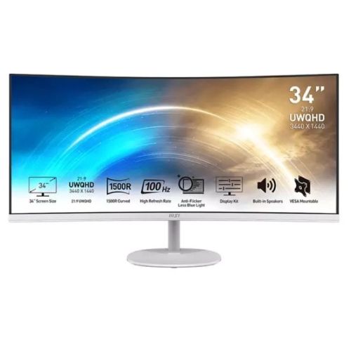 MSI Pro MP341CQW 34 Inch Curved Gaming Monitor, VA, 100Hz, 1ms, White - 9S6-3PB2CT-033