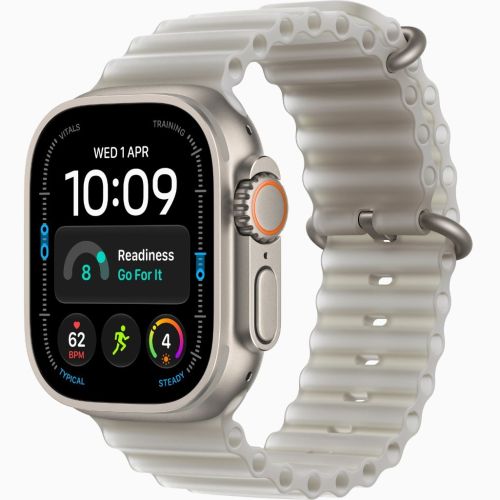 Apple Watch Ultra 4, GPS + Cellular, Natural Titanium Case with Translucent Gray Ocean Band