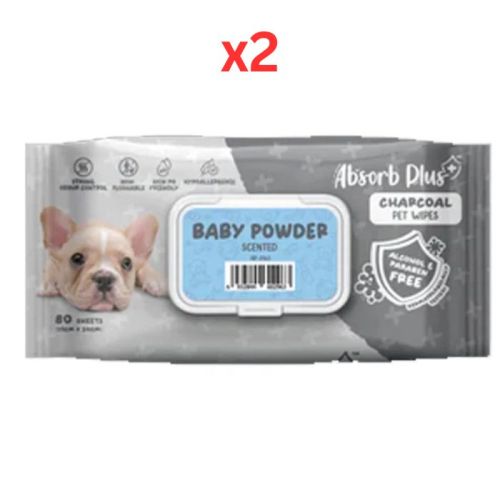 Absorb Plus Charcoal Pet Wipes Baby Powder Scented 80pcs (Pack of 2)