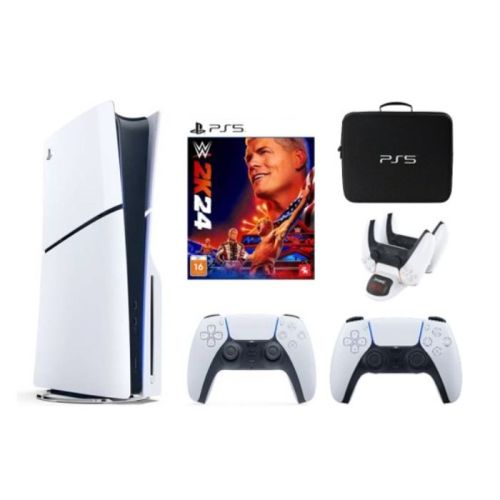 Sony PlayStation 5 Console Disc Version Slim 1TB with Extra Controller (International Edition) with Bag, Charger Dock Station and WWE2K24 Game