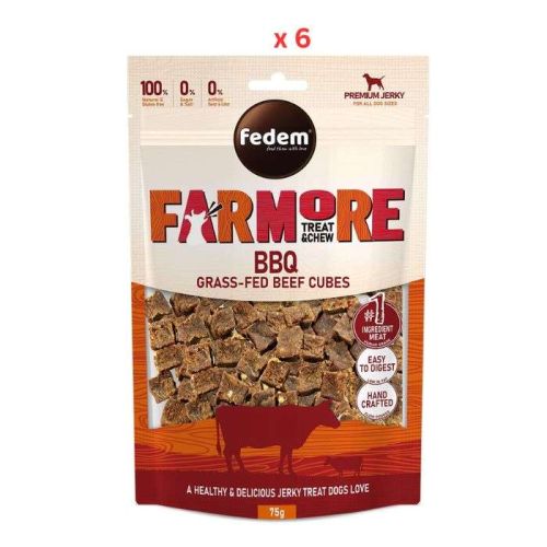 Fedem Farmore Jerky For Dogs BBQ Grass-Fed Beef Cubes 75g Pack Of 6