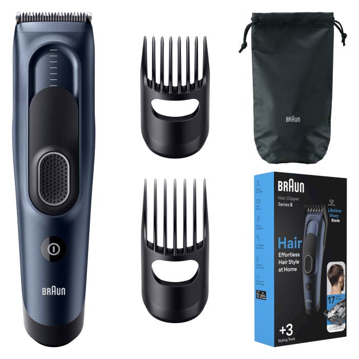 Braun Hair Clipper Series 5, 17 Length Settings, 2 Combs & Pouch Black - HC 5350