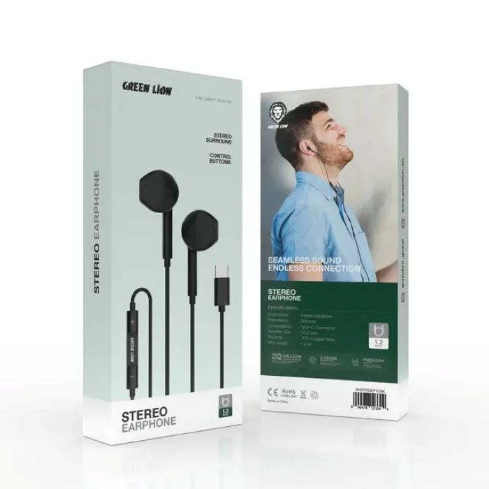 Green Lion Stereo Earphone With Type-C Connector - Black