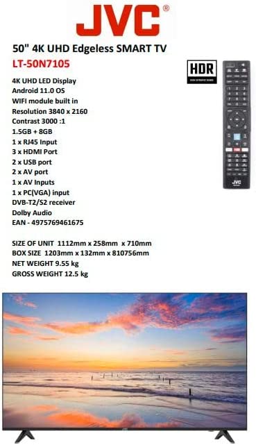 JVC 50 Inch 4k UHD Smart TV Android, Color Black Model LT50N7105