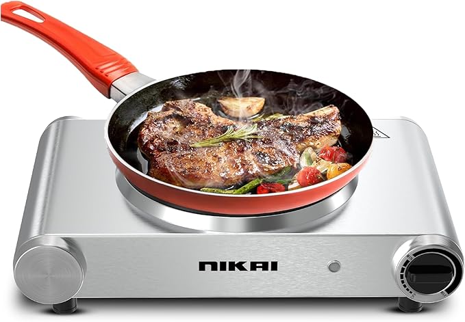 Nikai Single Hot Plate - 1500W Power, Adjustable Thermostat, Overheat Protection, Die Cast Iron Hotplates, Power indicator light, Stainless Steel Body, Easy Control - NKTOE4N2