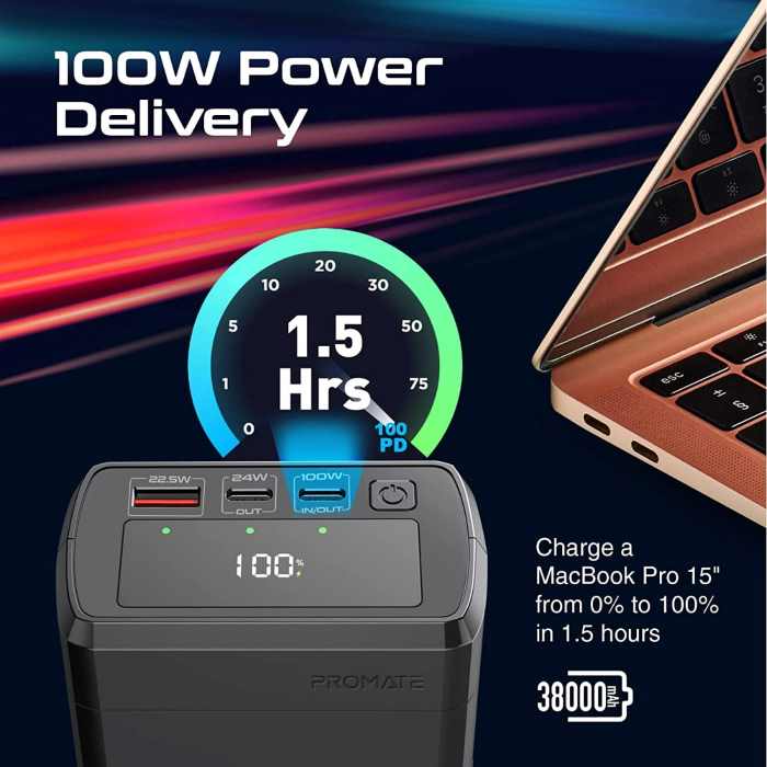 Promate 30 Watt Power Bank 38000mAh Power Mine, Black - POWERMINE-130W (UAE Delivery Only)
