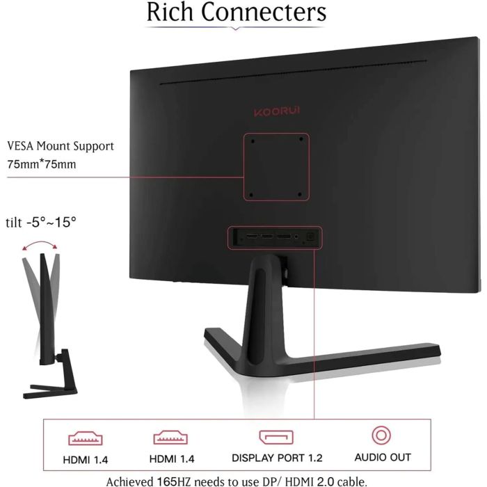 Koorui Gaming Monitor 24 inch VA, Full HD 1920 x 1080, Display 165Hz, HDMI, DisplayPort, Black – 24E4