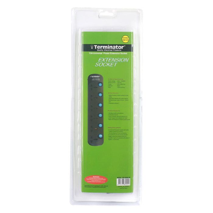 Terminator 6 Way Universal Power Extension Socket 3X1.25MM2 Black Body & Blue Switch 3M Cable 13A Plug - TPB626AB