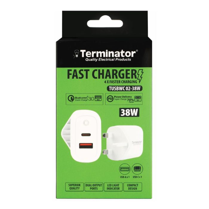 Terminator USB Wall Charger with 38W Fast Charging USB-A (QC3) - TUSBWC 02-38W