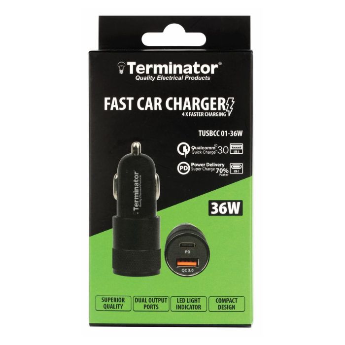 Terminator USB Car Charger with 36W Fast Charging USB-A (QC3) - TUSBCC  01-36W