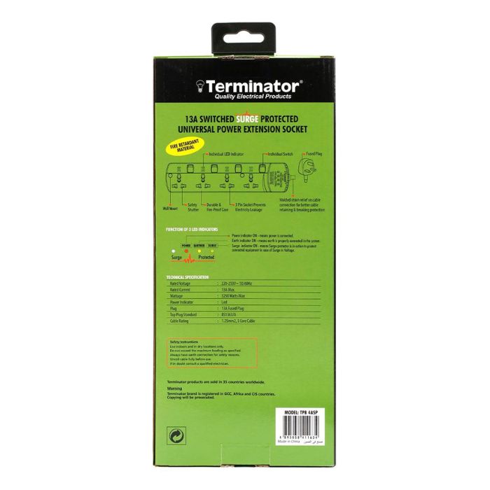Terminator 4 Way Universal Power Extension with Surge Protection & 3M Cable length - TPB 4ASP