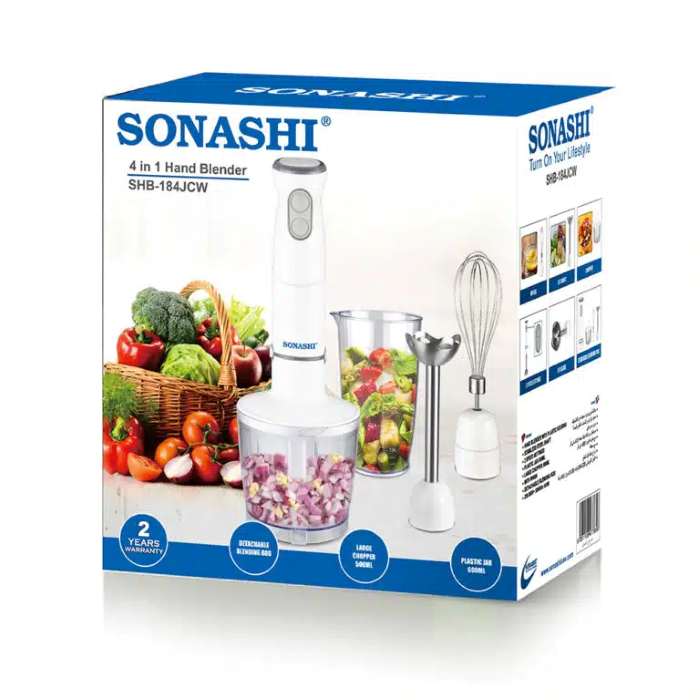 Sonashi 4-In-1 Hand Blender Set With Chopper, Calibrated Beaker And Wisk 600 Ml 400W, White - SHB-184JCW