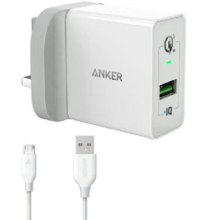 Anker PowerPort+ 1 With Quick Charger 3.0 USB Wall Charger With Micro USB Cable, For Mobile Phones UK White - A2013K21