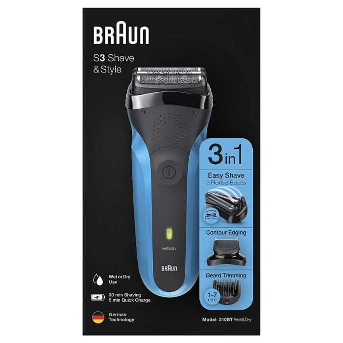Braun Shaver 310Bt, Series 3 Shave And Style Rechargeable Wet And Dry Electric Shaver, Blueblack - Shaver 310BT